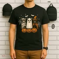 Retro Black Cat Witch Scary Halloween Pumpkin Spooky T-Shirt thumb 6