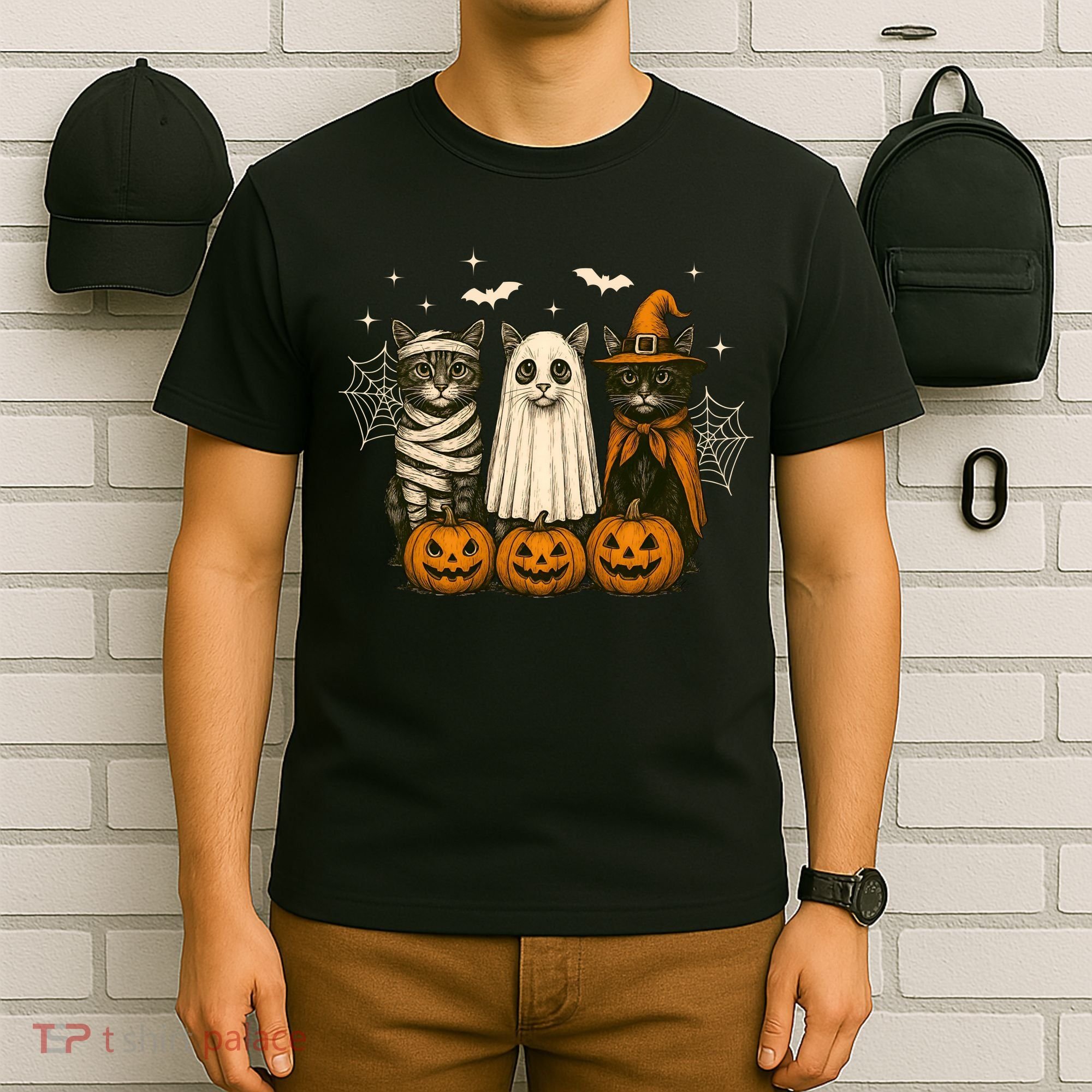 Retro Black Cat Witch Scary Halloween Pumpkin Spooky T-Shirt