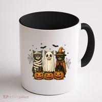 Retro Black Cat Witch Scary Halloween Pumpkin Spooky Coffee Mug thumb 1