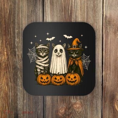 Retro Black Cat Witch Scary Halloween Pumpkin Spooky Coaster