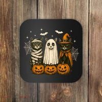 Retro Black Cat Witch Scary Halloween Pumpkin Spooky Coaster thumb 0