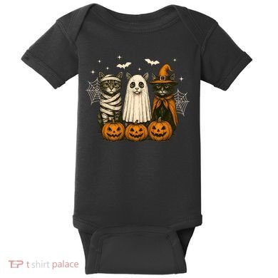 Retro Black Cat Witch Scary Halloween Pumpkin Spooky Baby Bodysuit
