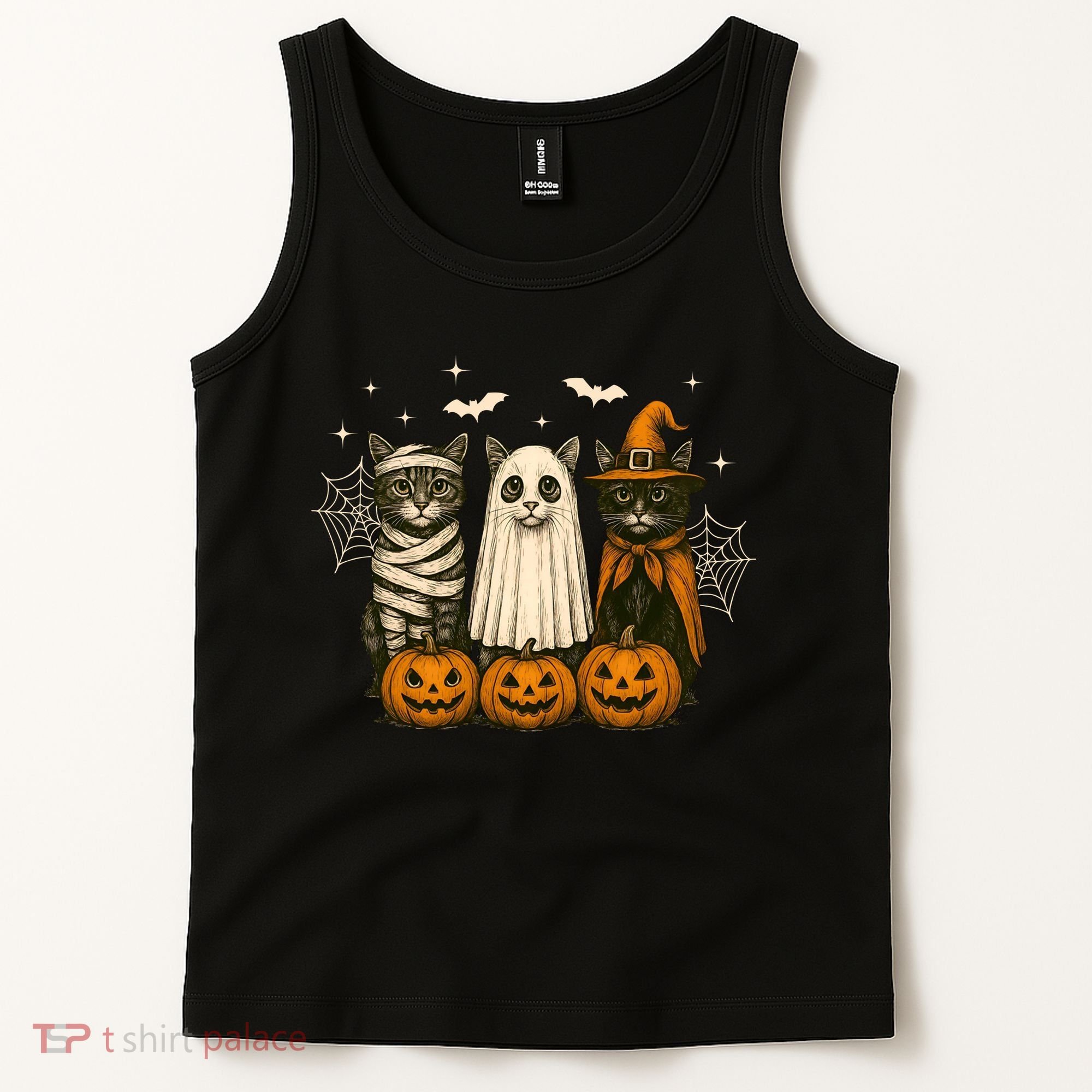 Retro Black Cat Witch Scary Halloween Pumpkin Spooky Tank Top