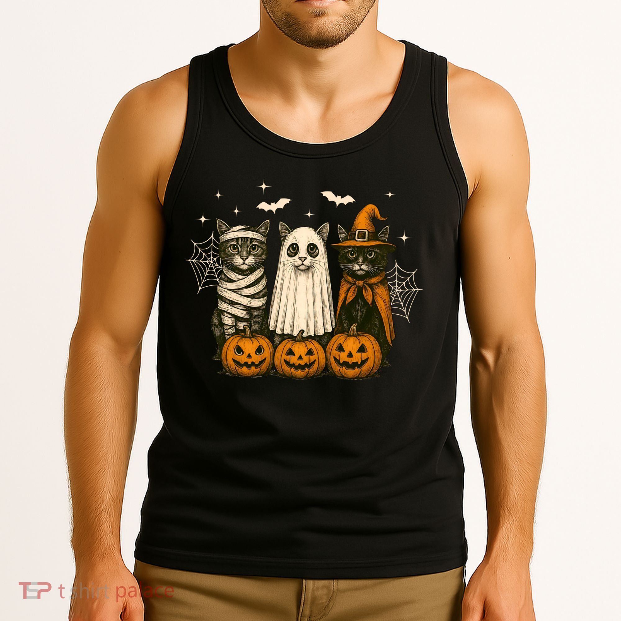 Retro Black Cat Witch Scary Halloween Pumpkin Spooky Tank Top