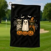 Retro Black Cat Witch Scary Halloween Pumpkin Spooky Golf Towel thumb 1