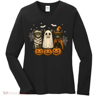 Retro Black Cat Witch Scary Halloween Pumpkin Spooky Women's Long Sleeve Shirt