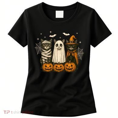 Retro Black Cat Witch Scary Halloween Pumpkin Spooky Women's T-Shirt