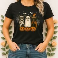 Retro Black Cat Witch Scary Halloween Pumpkin Spooky Women's T-Shirt thumb 2