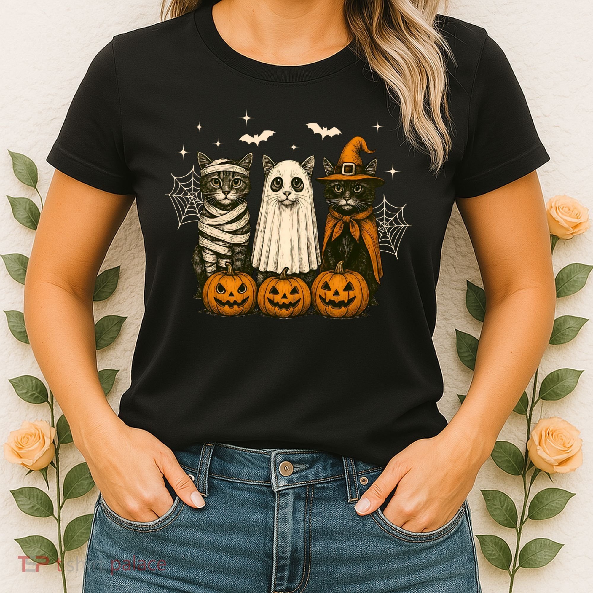 Retro Black Cat Witch Scary Halloween Pumpkin Spooky Women's T-Shirt