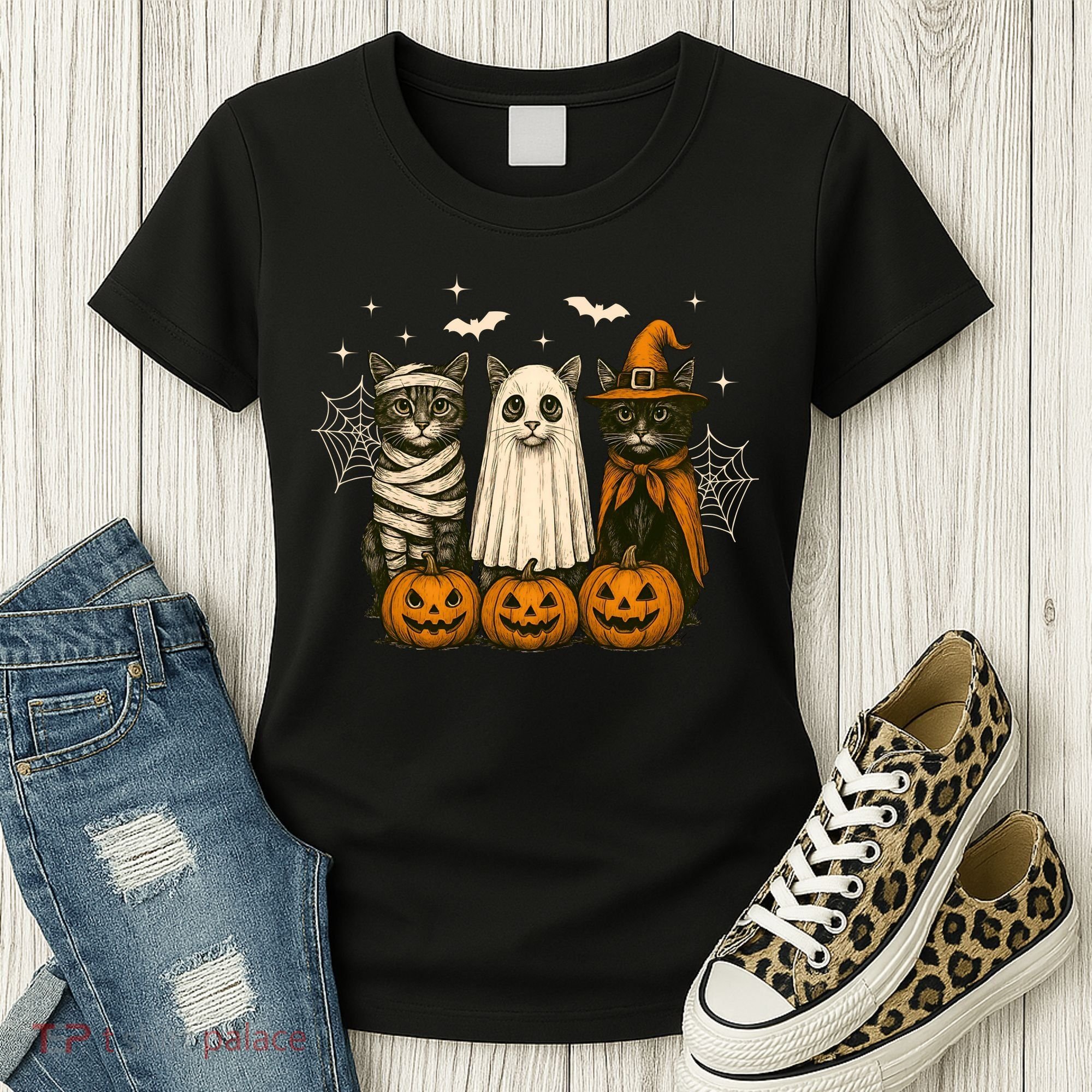 Retro Black Cat Witch Scary Halloween Pumpkin Spooky Women's T-Shirt