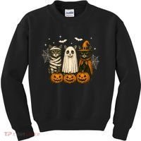 Retro Black Cat Witch Scary Halloween Pumpkin Spooky Kids Sweatshirt thumb 0