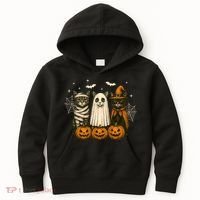 Retro Black Cat Witch Scary Halloween Pumpkin Spooky Kids Hoodie thumb 0