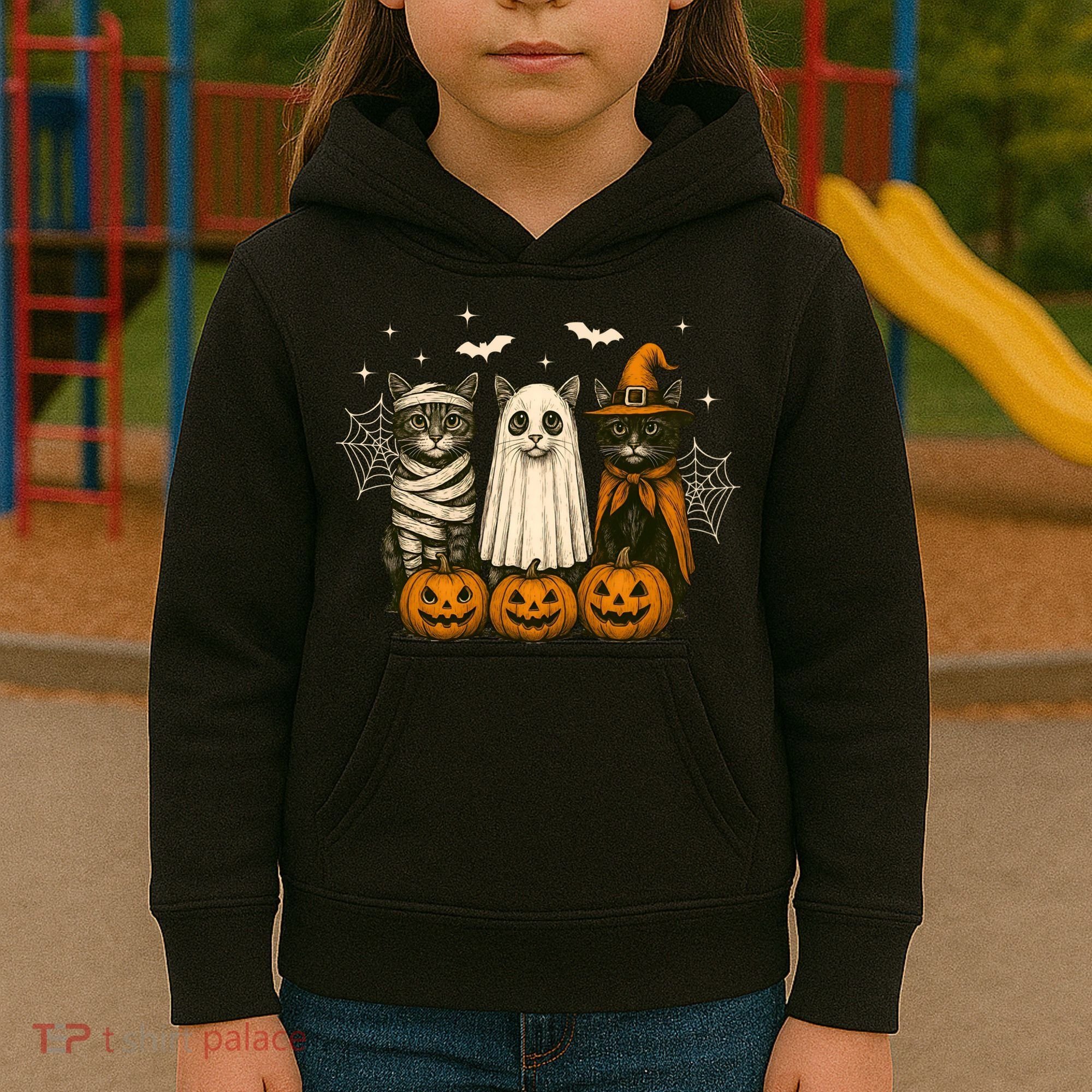 Retro Black Cat Witch Scary Halloween Pumpkin Spooky Kids Hoodie