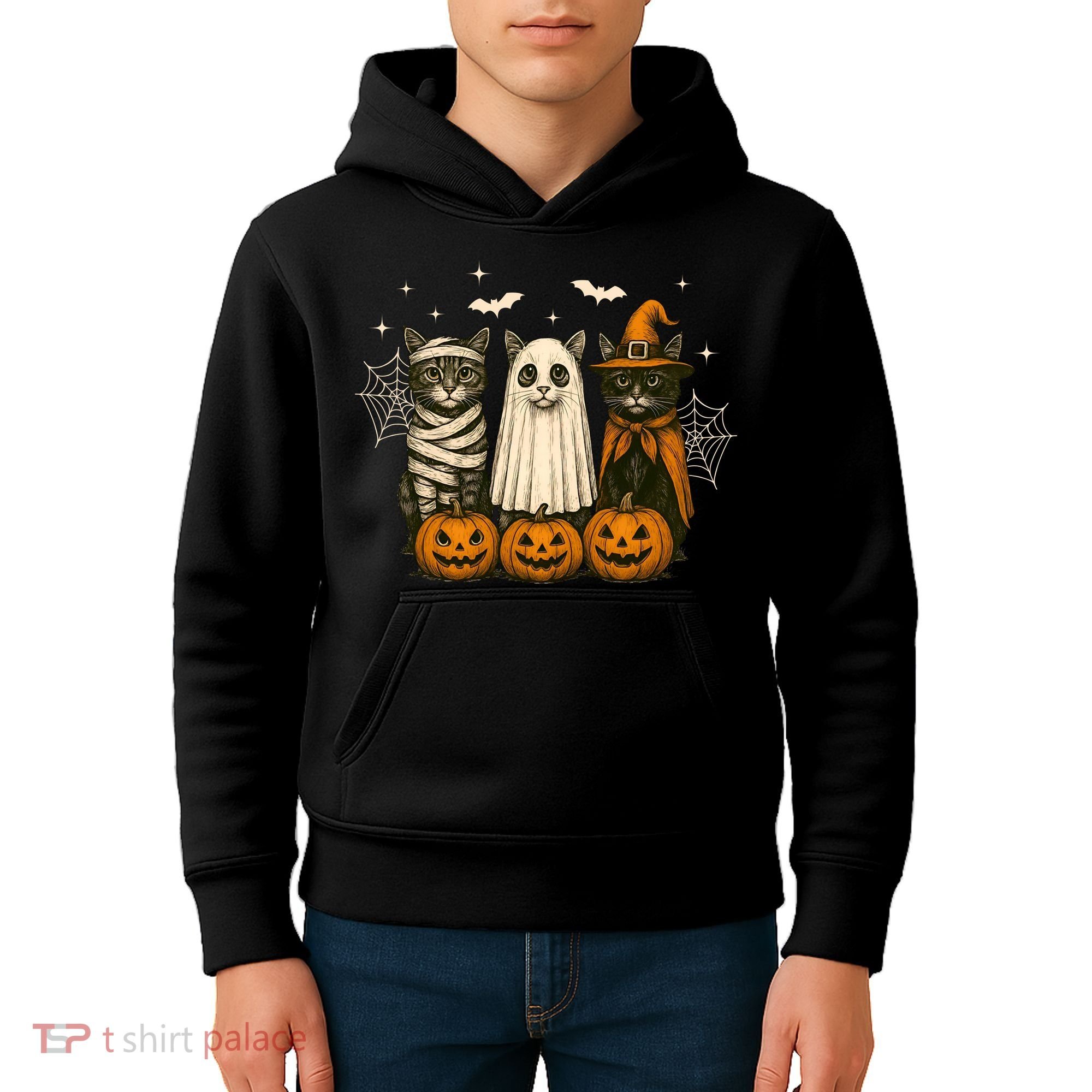 Retro Black Cat Witch Scary Halloween Pumpkin Spooky Kids Hoodie