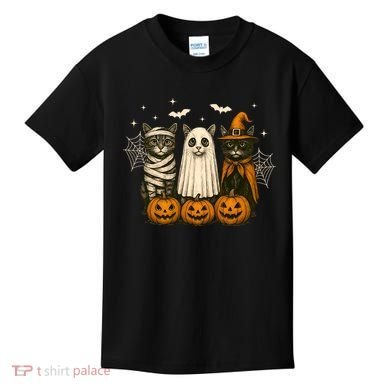 Retro Black Cat Witch Scary Halloween Pumpkin Spooky Kids T-Shirt