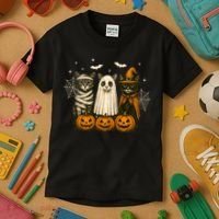 Retro Black Cat Witch Scary Halloween Pumpkin Spooky Kids T-Shirt thumb 3