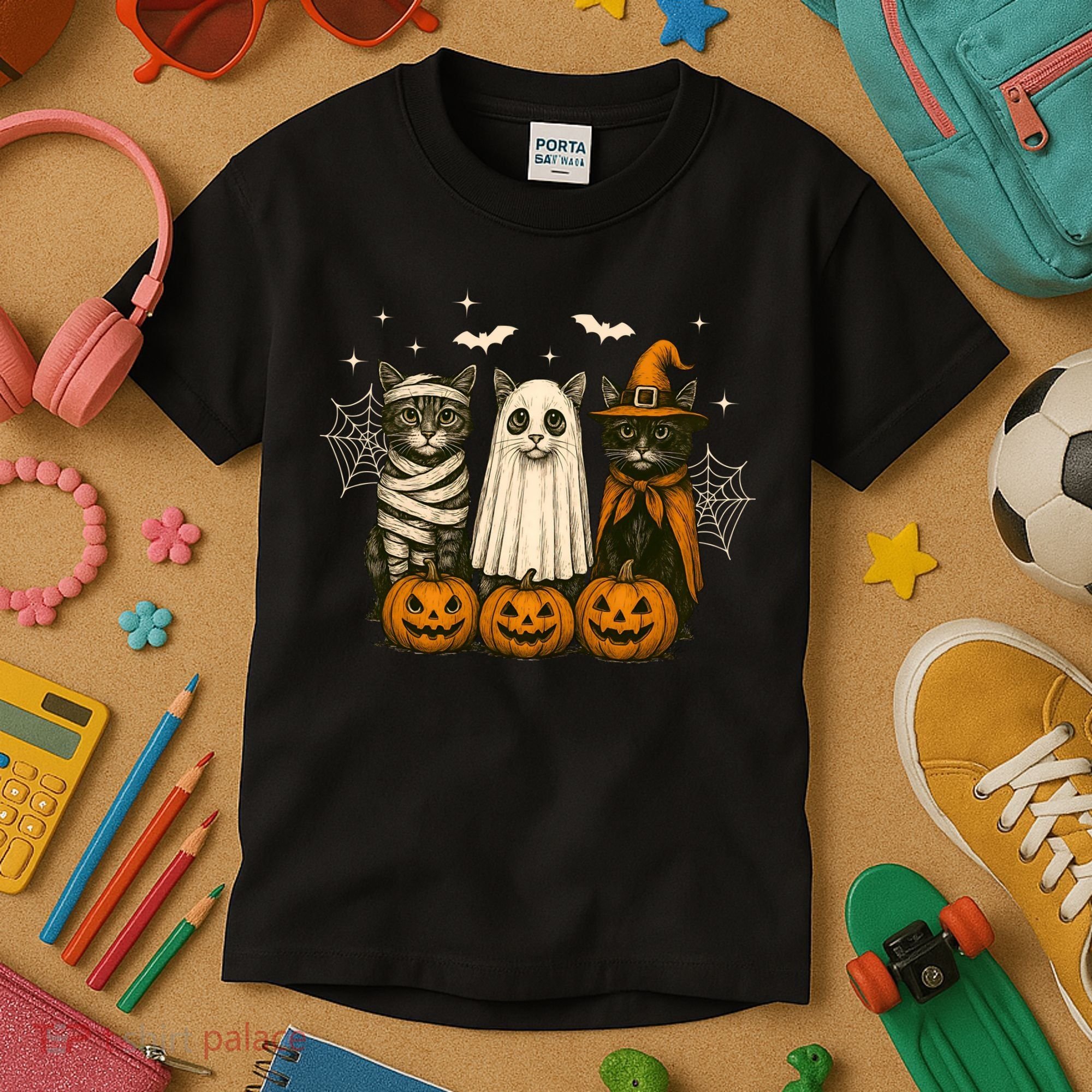 Retro Black Cat Witch Scary Halloween Pumpkin Spooky Kids T-Shirt