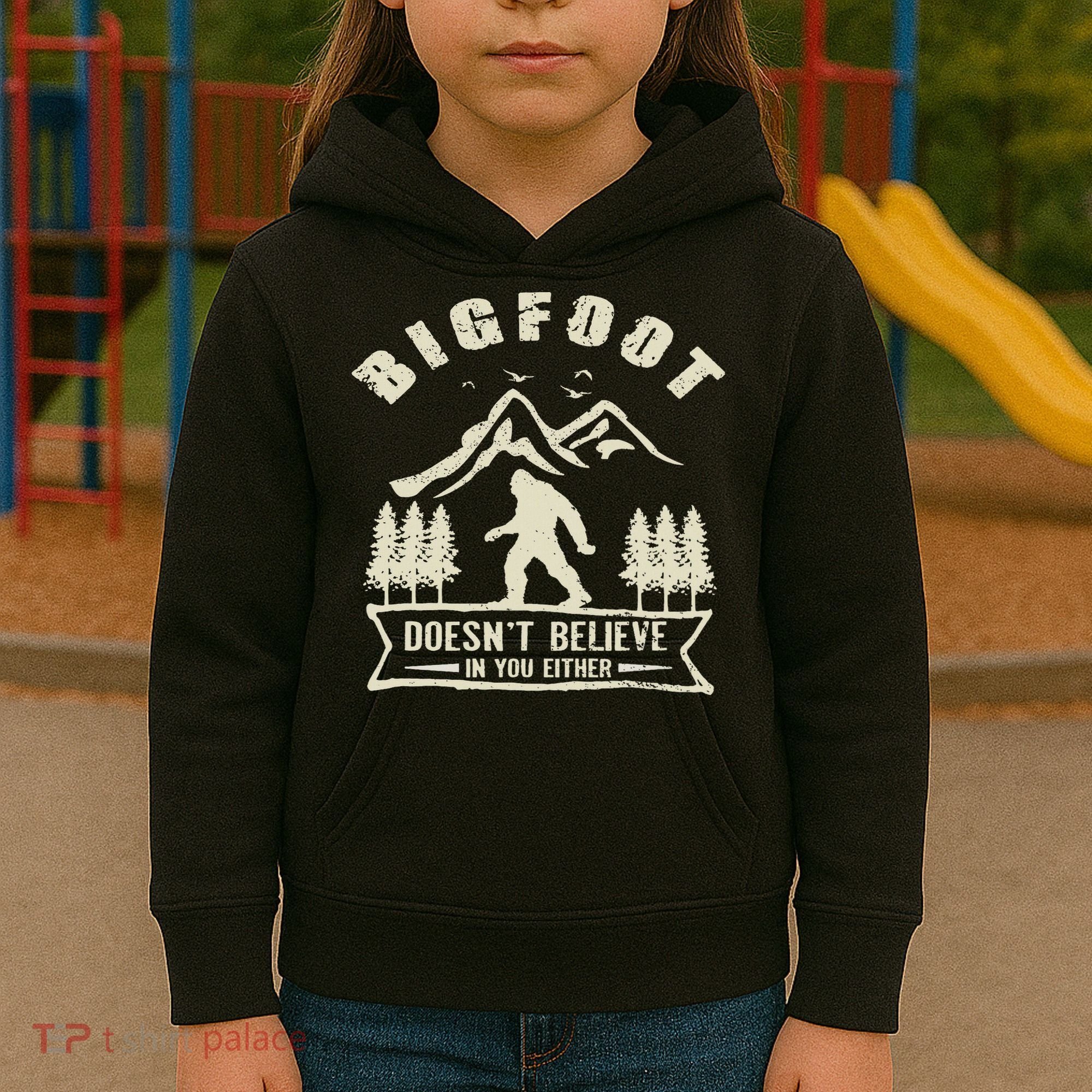 Retro Bigfoot Doesn't Believe In You Either Sasquatch Kids Hoodie