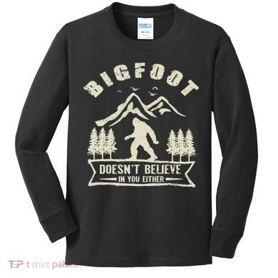 Retro Bigfoot Doesn't Believe In You Either Sasquatch Kids Long Sleeve Shirt
