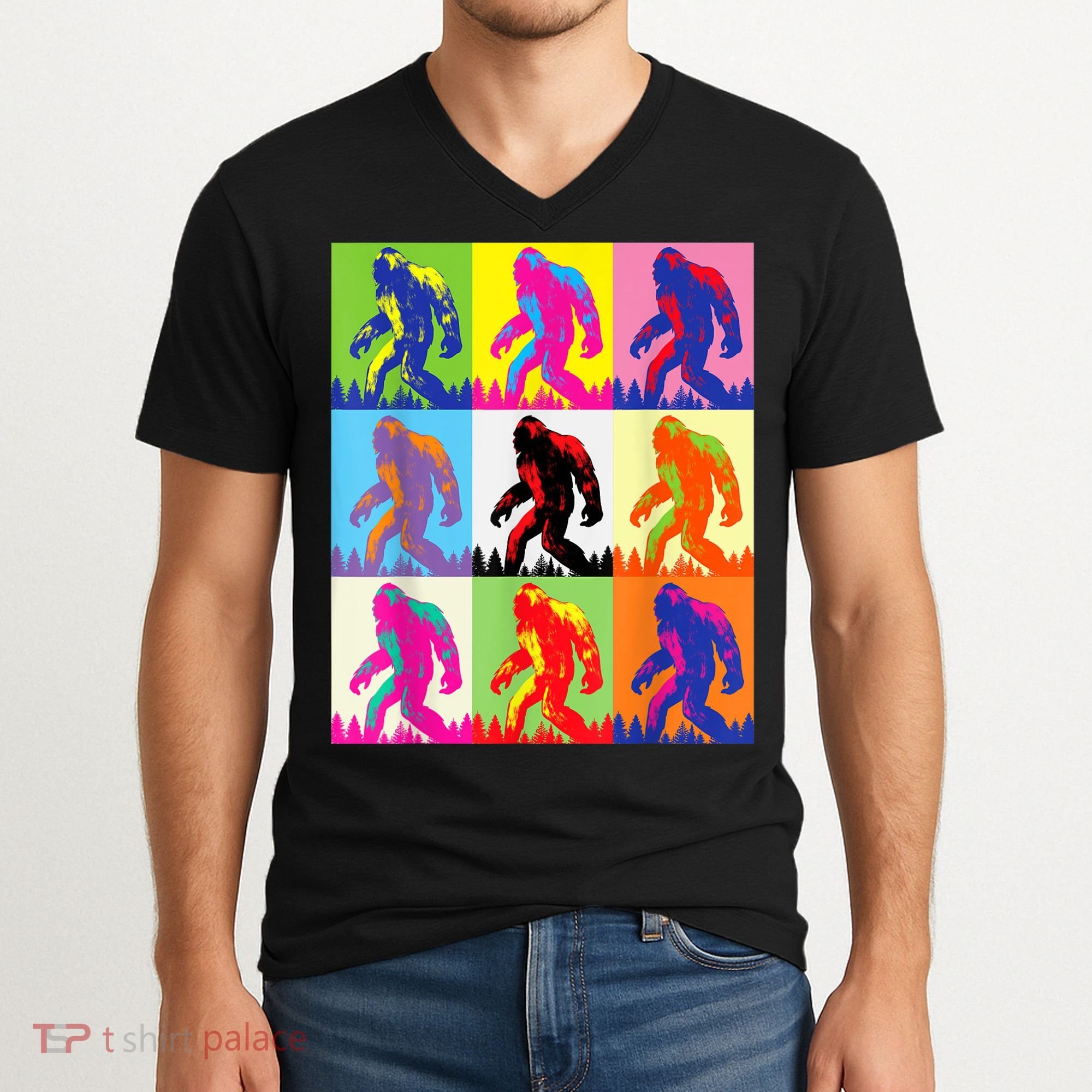 Retro Bigfoot , Funny Pop Art Bigfoot V-Neck T-Shirt
