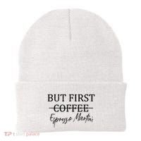 Retro But First Coffee Espresso Martini Funny Drinking Lover Beanie thumb 0