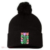 Retro Boho Flowers Floral Pattern Pom Pom 12in Knit Beanie thumb 0