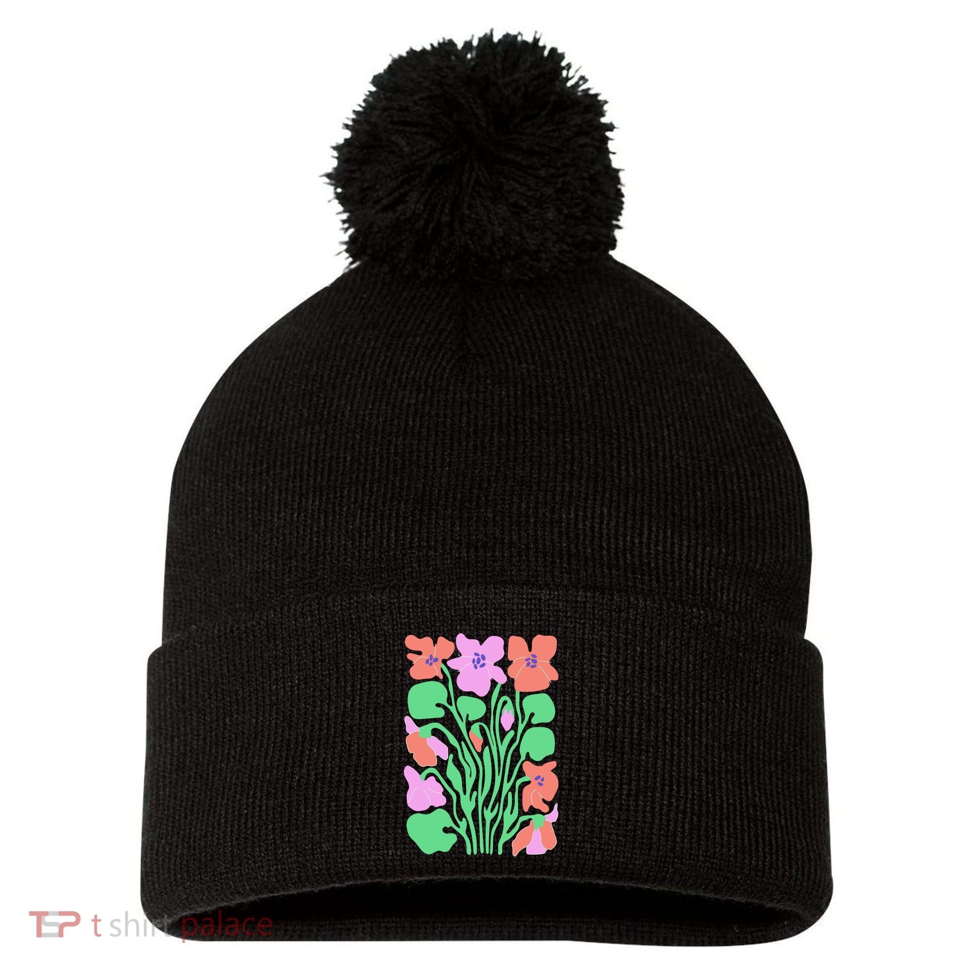 Retro Boho Flowers Floral Pattern Pom Pom 12in Knit Beanie