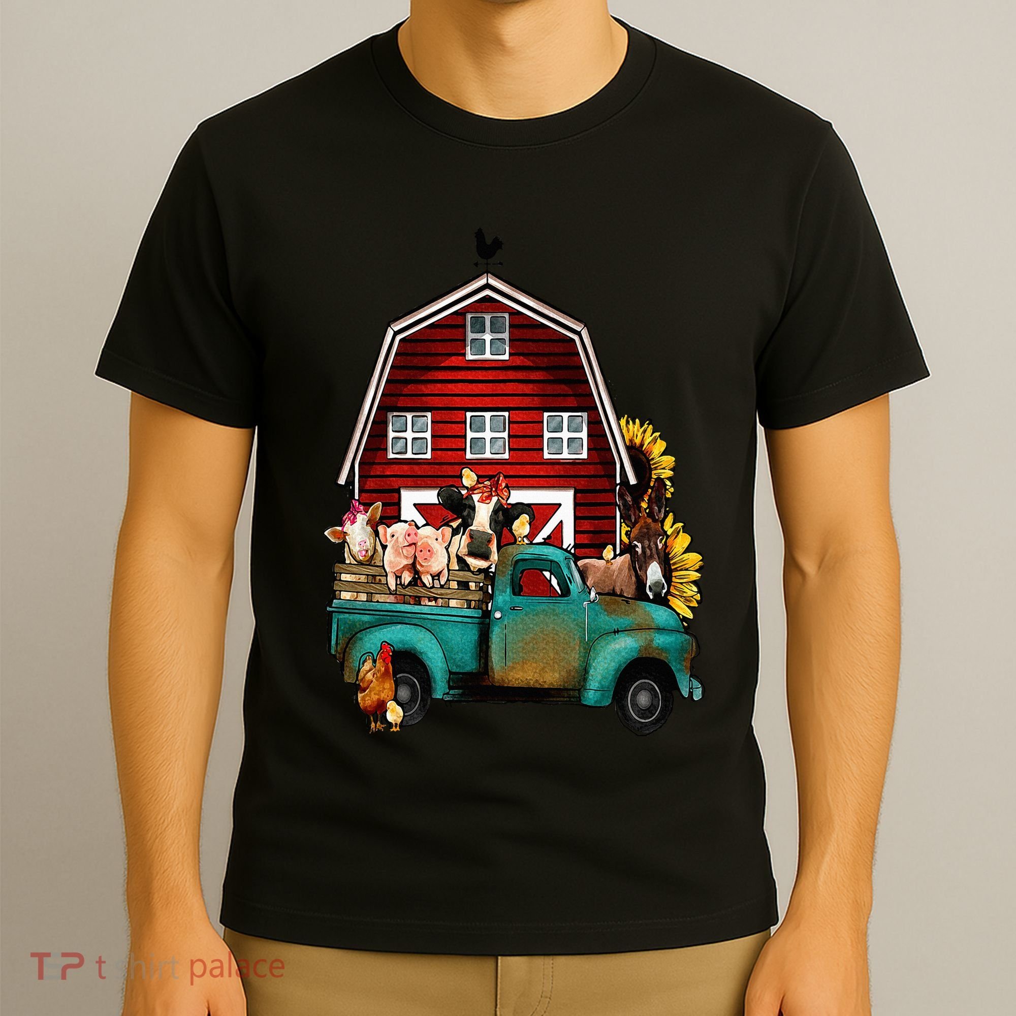 Red Barn Farm Pickup Truck With Farm Animals Farmer Cowgirl T-Shirt