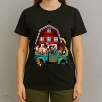 Red Barn Farm Pickup Truck With Farm Animals Farmer Cowgirl T-Shirt thumb 4
