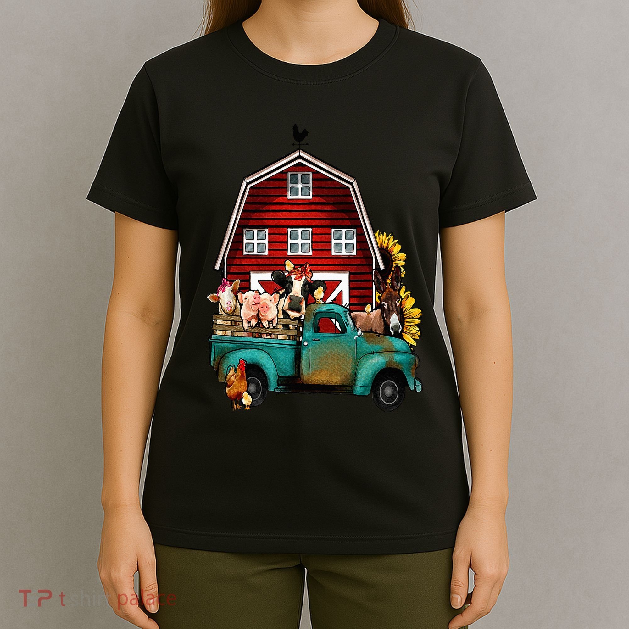 Red Barn Farm Pickup Truck With Farm Animals Farmer Cowgirl T-Shirt