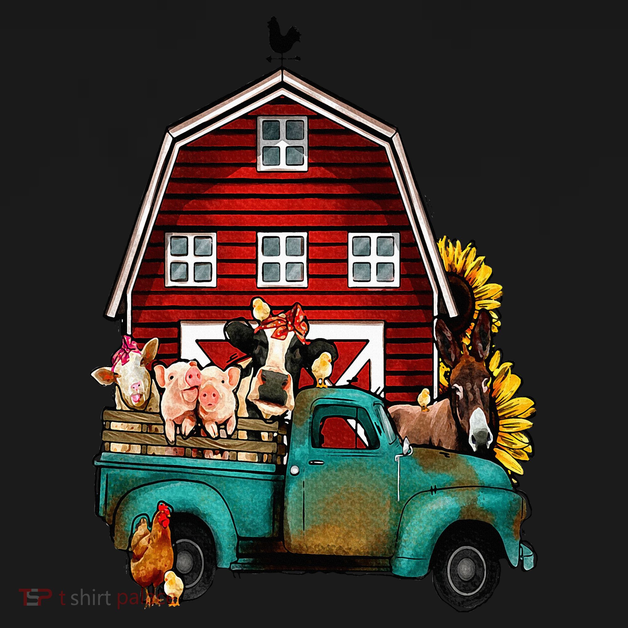 Red Barn Farm Pickup Truck With Farm Animals Farmer Cowgirl T-Shirt