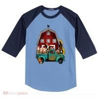 Red Barn Farm Pickup Truck With Farm Animals Farmer Cowgirl Raglan Baseball Sleeve Shirt thumb 0