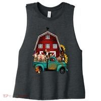 Red Barn Farm Pickup Truck With Farm Animals Farmer Cowgirl Women's Racerback Cropped Tank thumb 0