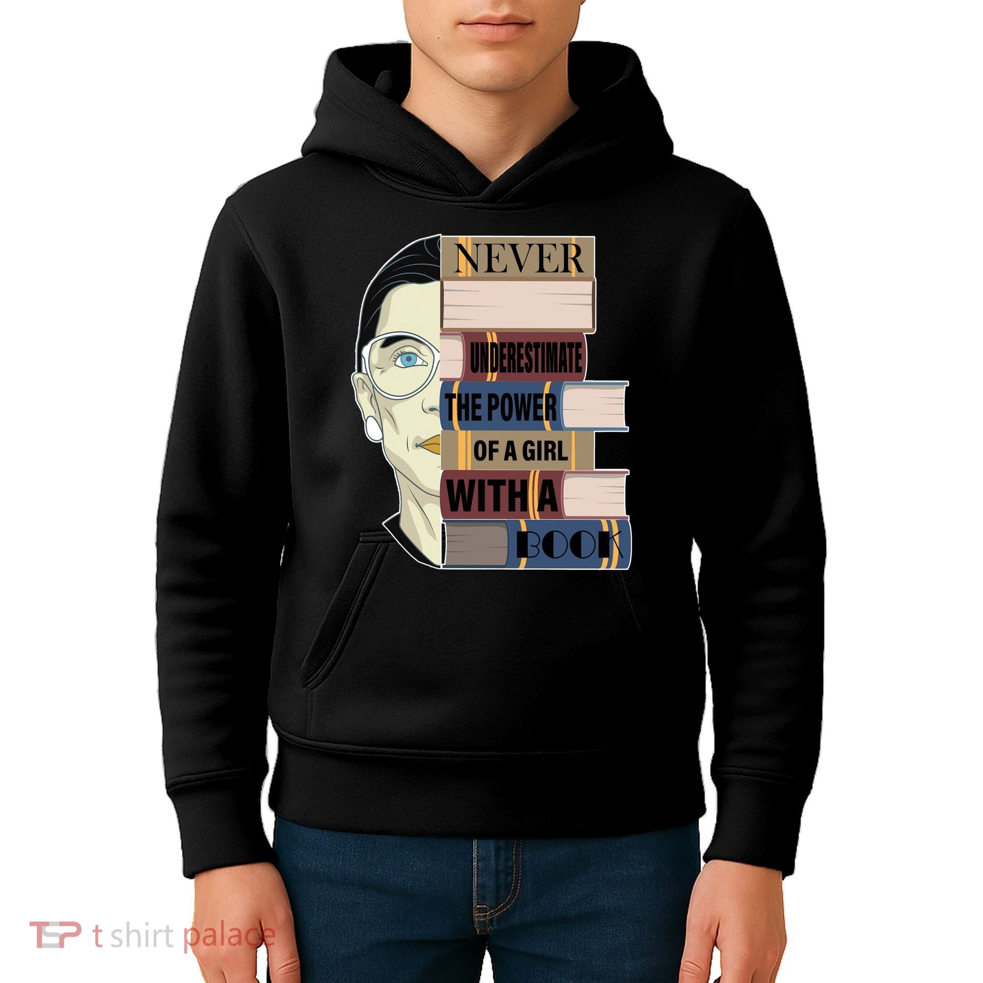 RBG Never Underestimate Power of Girl With Book Kids Hoodie