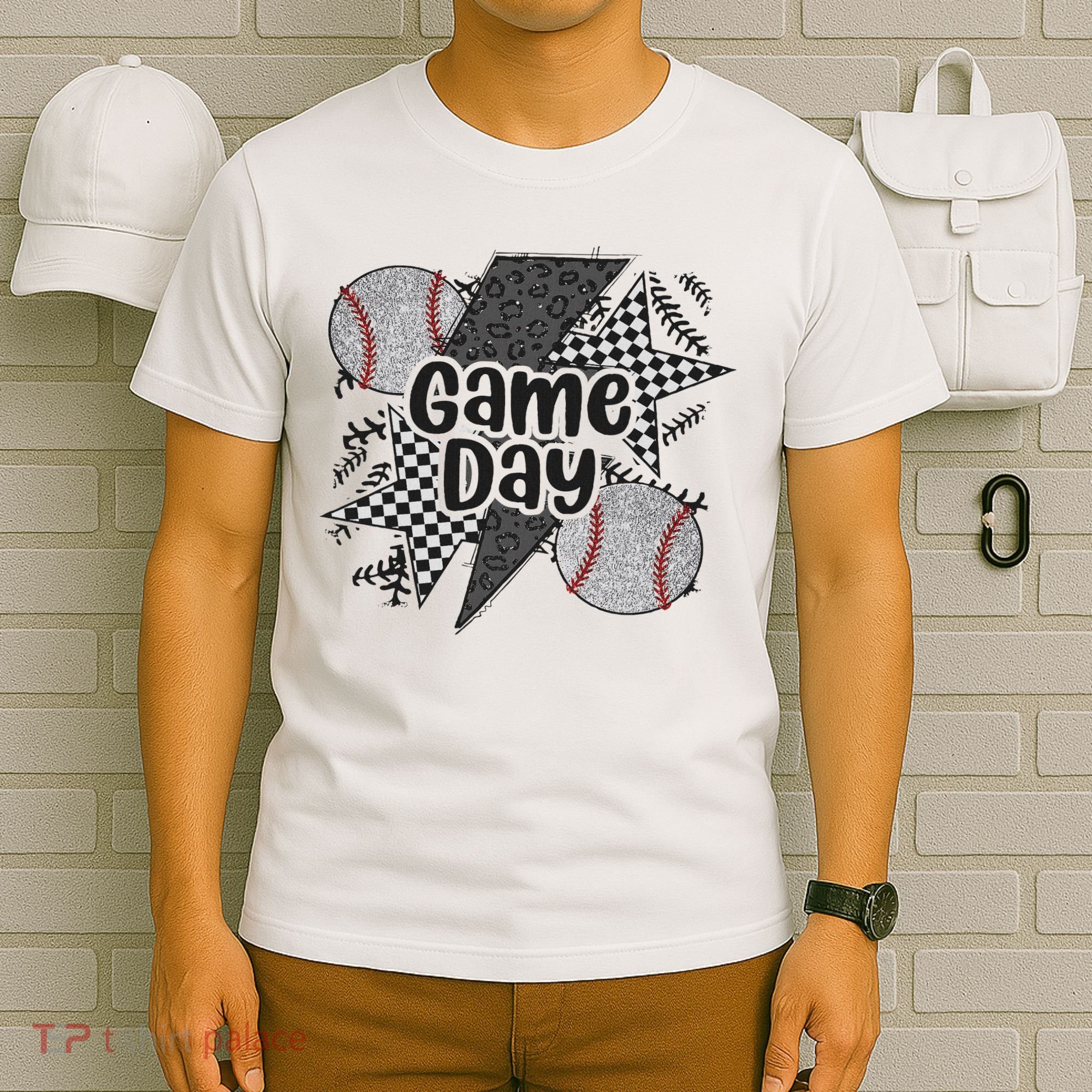 Retro Baseball Game Day Checkered Leopard Baseball Mama Mom T-Shirt