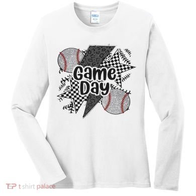 Retro Baseball Game Day Checkered Leopard Baseball Mama Mom Women's Long Sleeve Shirt