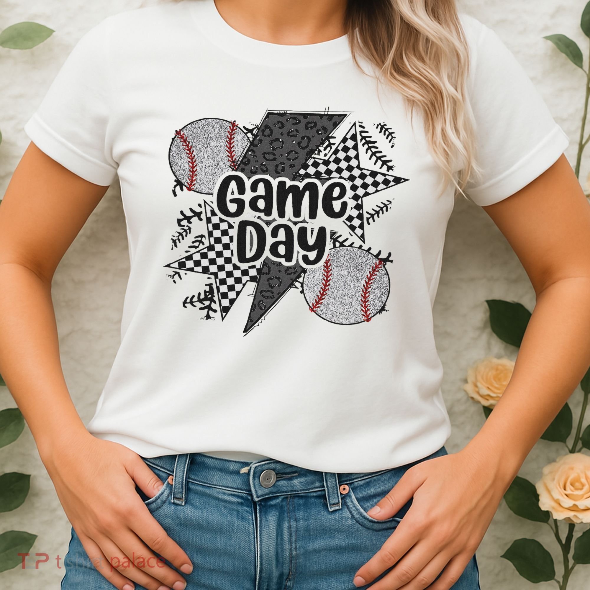 Retro Baseball Game Day Checkered Leopard Baseball Mama Mom Women's T-Shirt