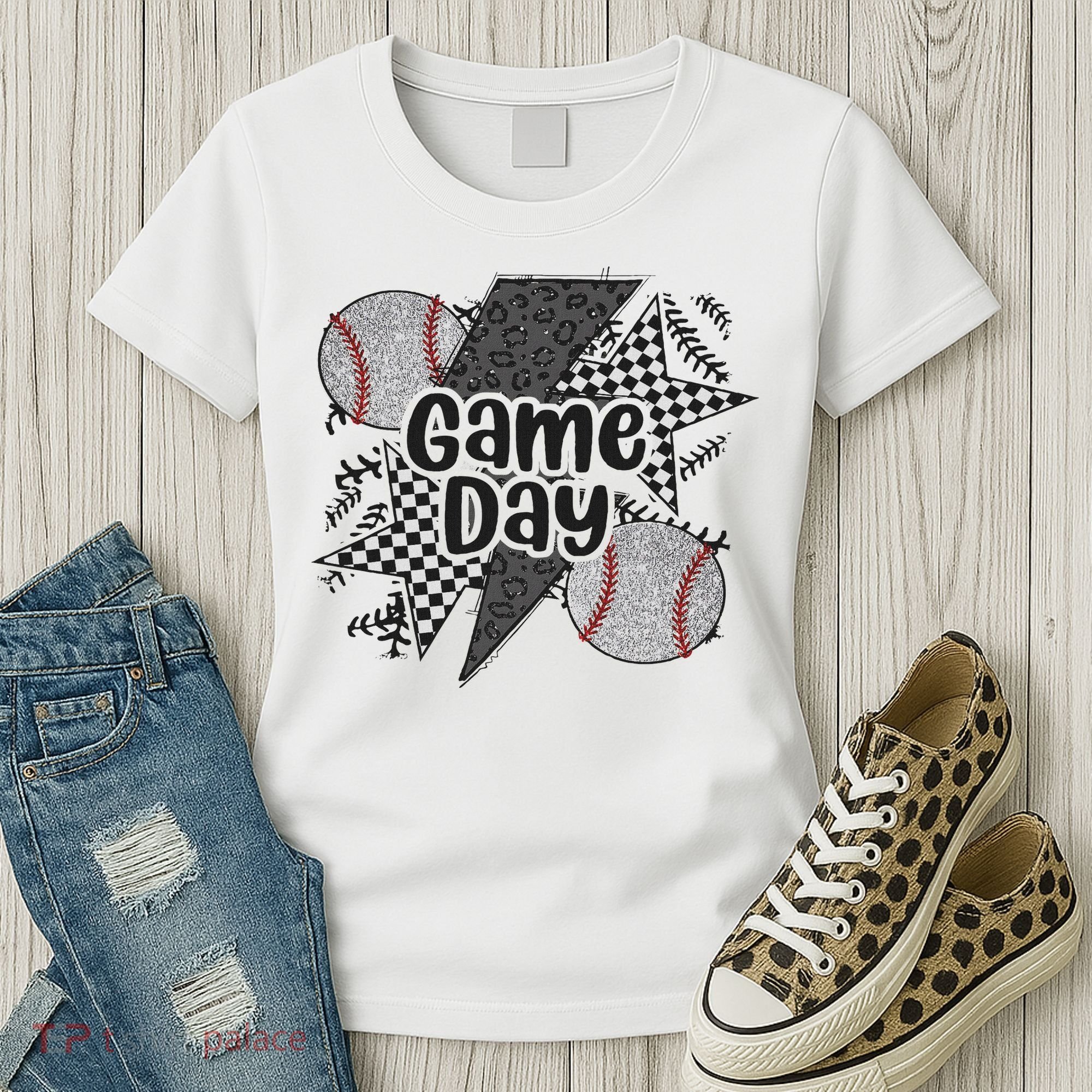Retro Baseball Game Day Checkered Leopard Baseball Mama Mom Women's T-Shirt