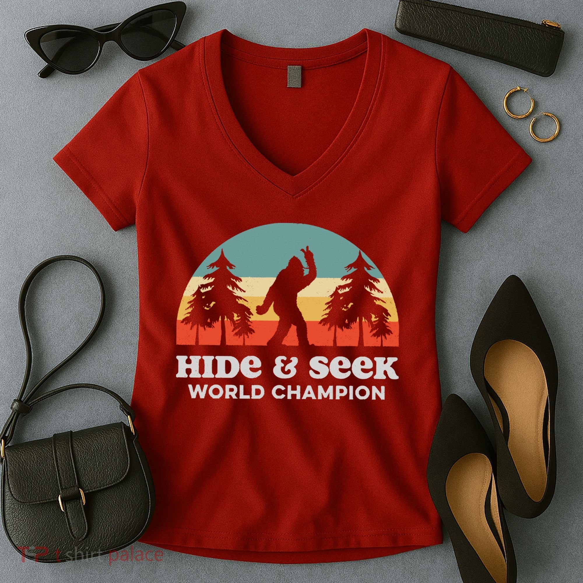Retro Bigfoot Hide &Amp; Seek World Champion Women's V-Neck T-Shirt