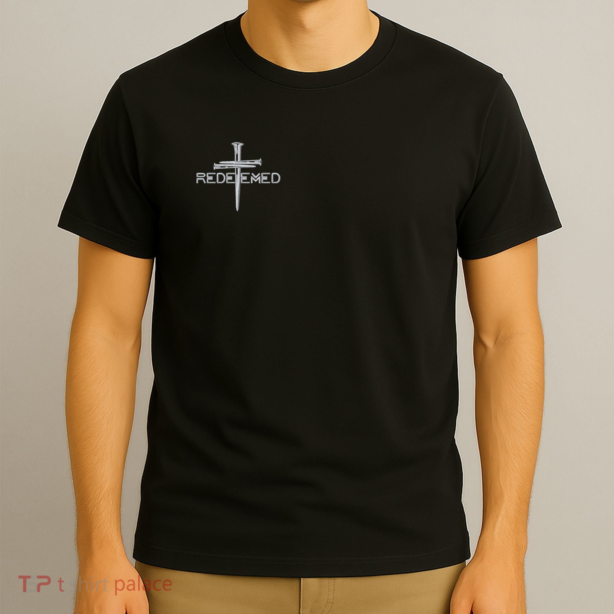 Redeemed By Jesus Christ 3 Nails Cross Christian Faith Embroidered Embroidered T-Shirt