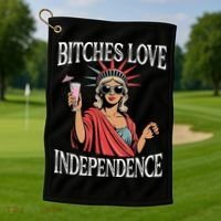 Retro Bitches Love Independence Funny Golf Towel thumb 1