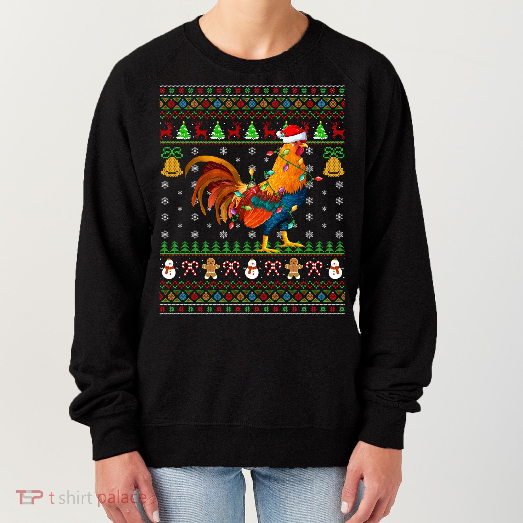 Rooster Bird Lover Lighting Santa Hat Rooster Ugly Christmas Gift Women's Sweatshirt