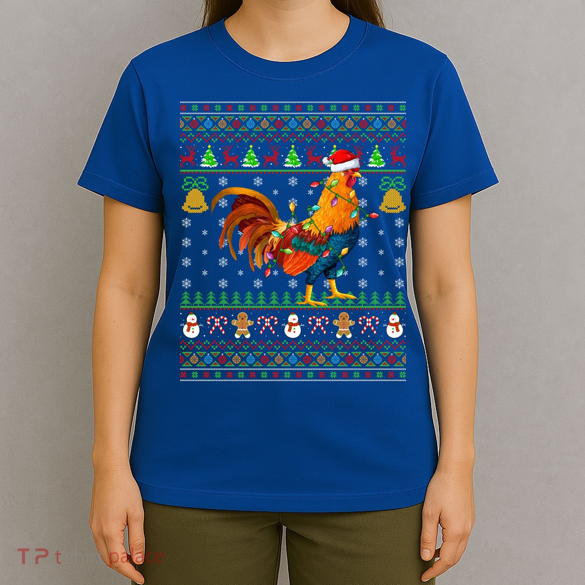 Rooster Bird Lover Lighting Santa Hat Rooster Ugly Christmas Gift T-Shirt