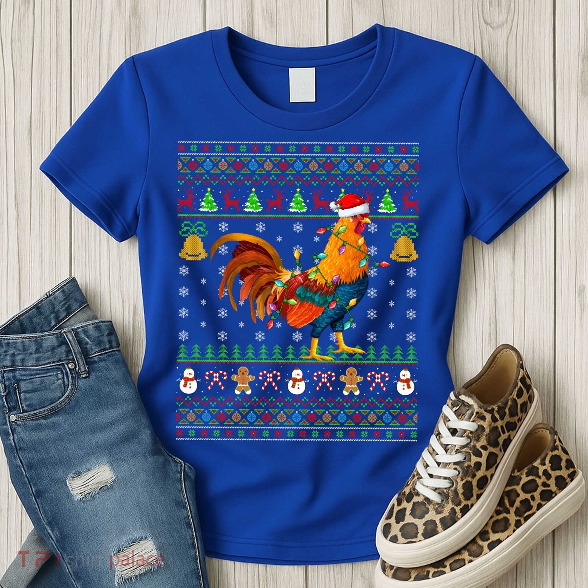 Rooster Bird Lover Lighting Santa Hat Rooster Ugly Christmas Gift Women's T-Shirt