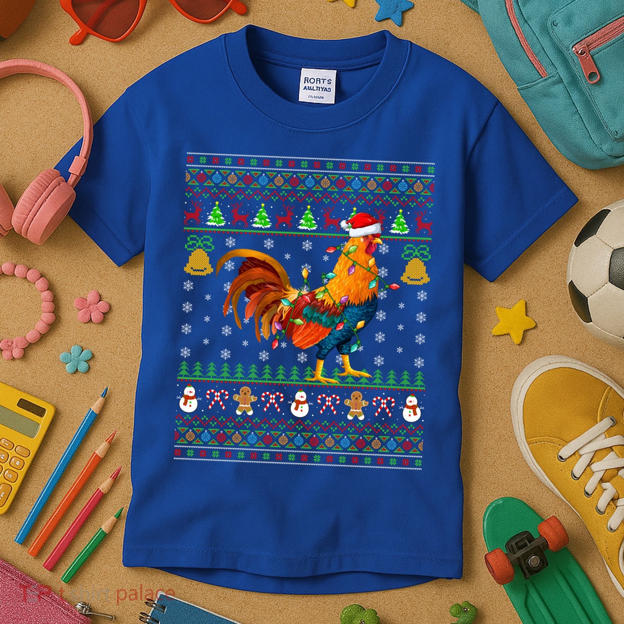 Rooster Bird Lover Lighting Santa Hat Rooster Ugly Christmas Gift Kids T-Shirt