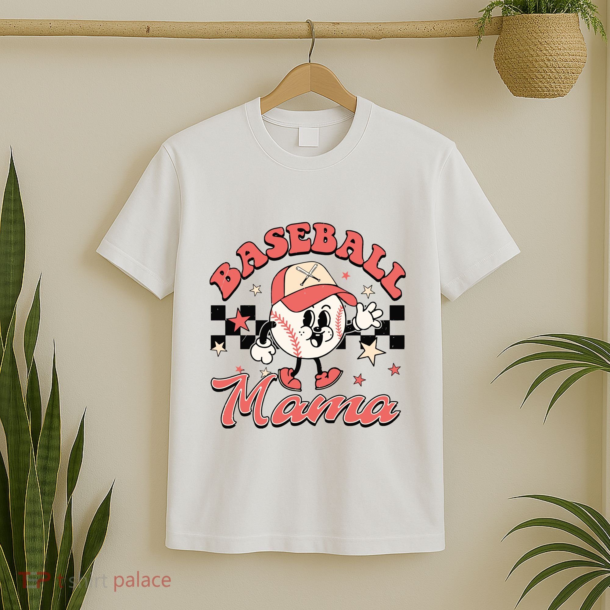 Retro Baseball Mama Hat Checkered T-Shirt