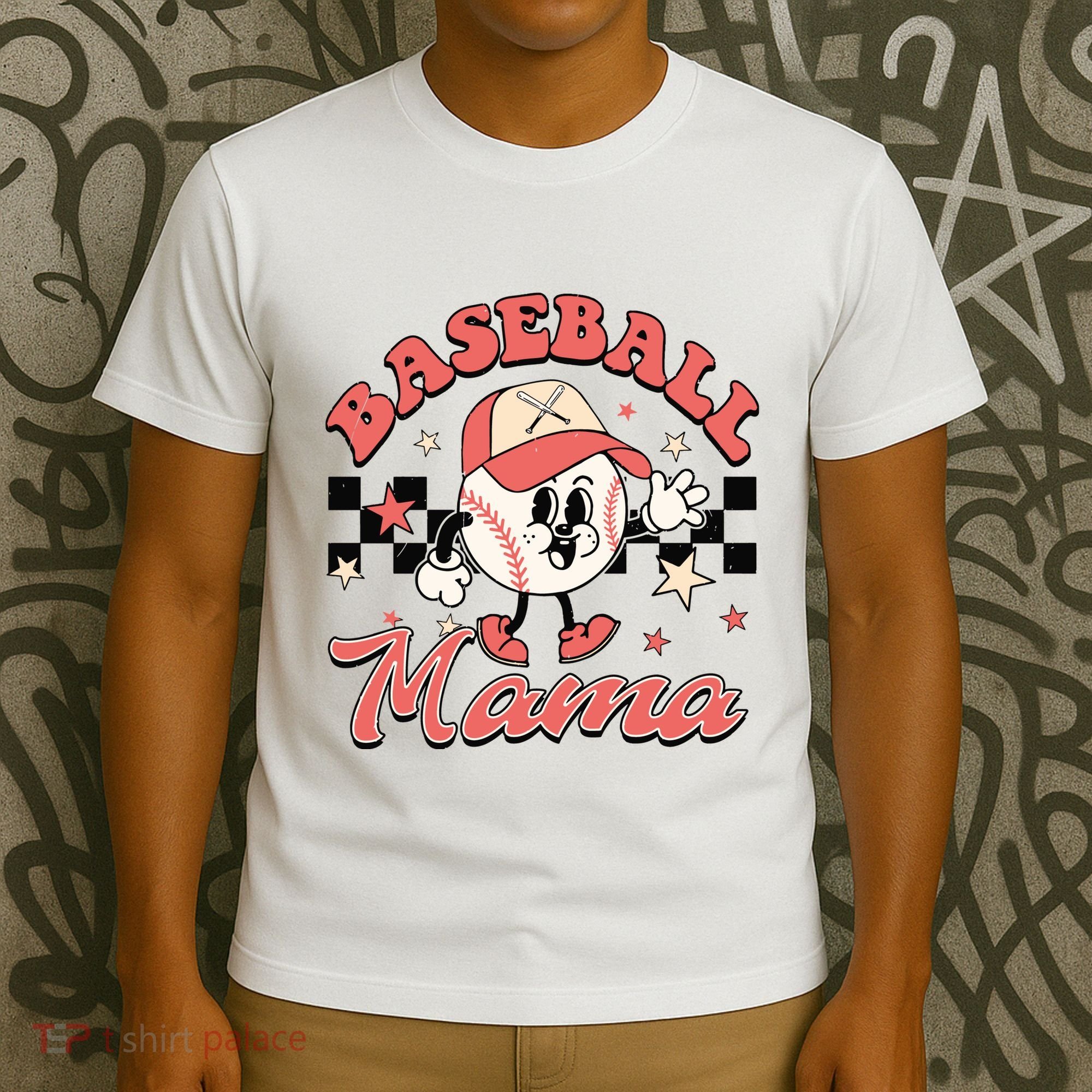 Retro Baseball Mama Hat Checkered T-Shirt