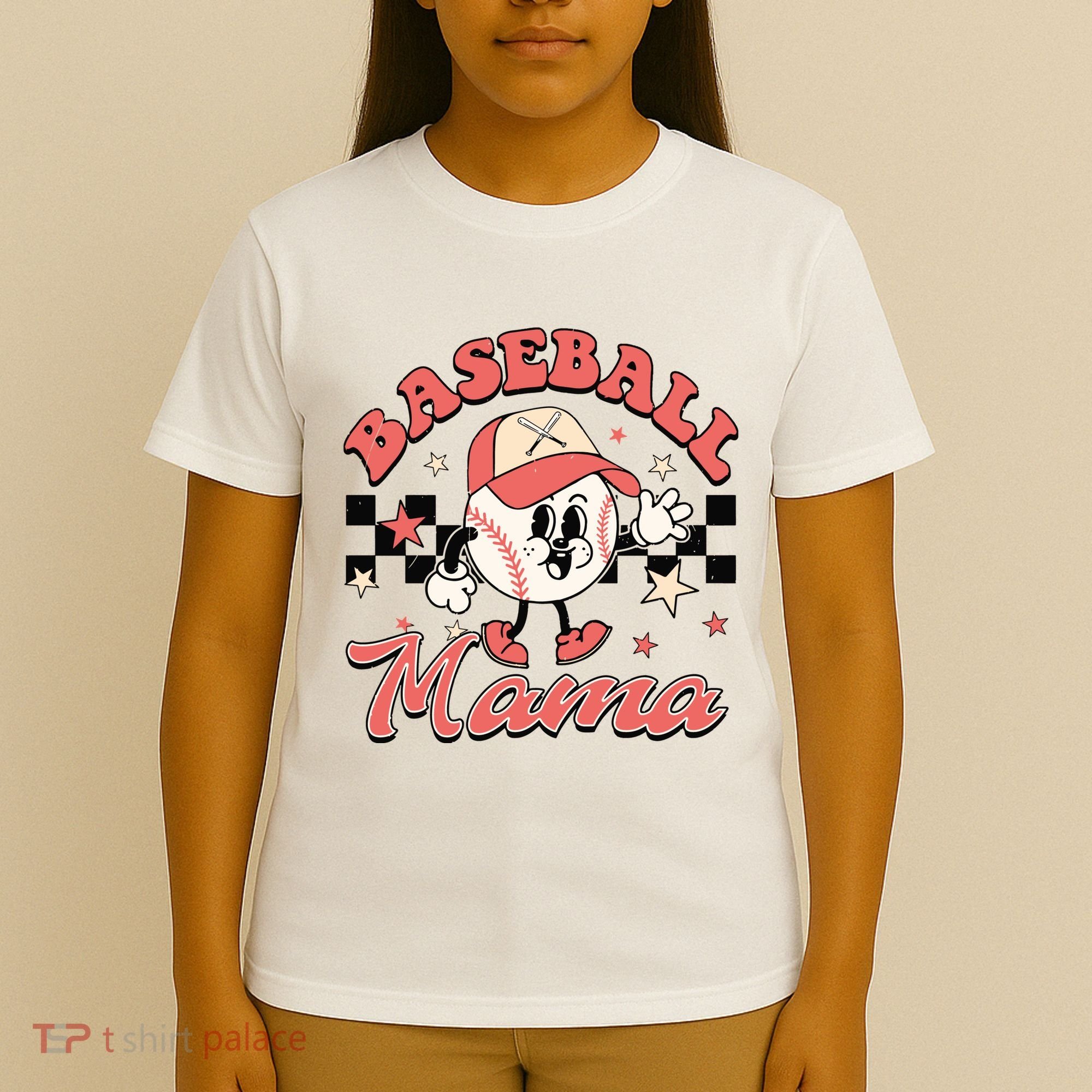Retro Baseball Mama Hat Checkered T-Shirt