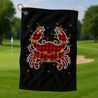 Red Buffalo Plaid Crab Santa Christmas Pajama Matching Golf Towel thumb 1