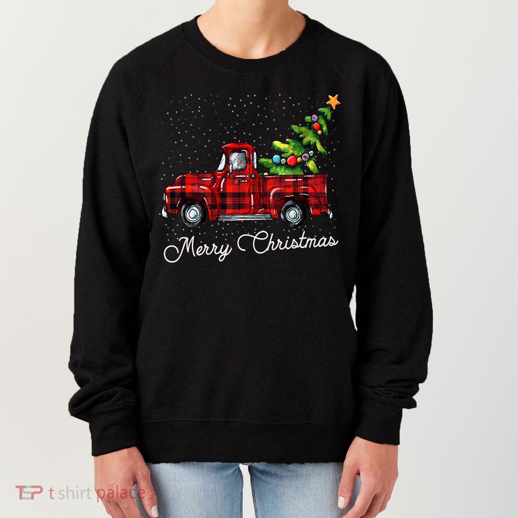 Red Buffalo Plaid Pickup Truck With Tree Merry Christmas Women's Sweatshirt